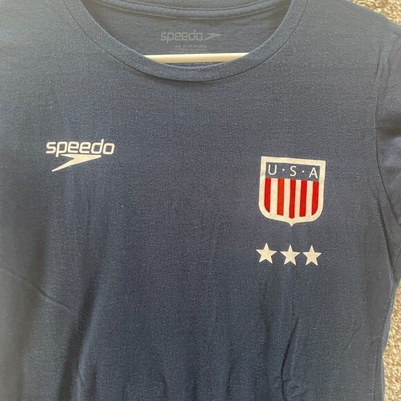 Speedo Shirt Womens Large Blue USA Swimming Kate Ziegler Cotton Casual Logo Crew - Picture 3 of 13